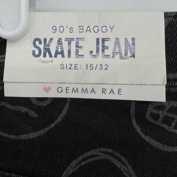 Gemma Rae Jeans Black Emoji Print Wide Leg Distressed Skater Baggy Size 15/32 - Picture 10 of 14